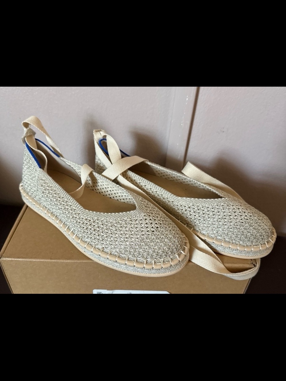 Rothy's Cream Knit Espadrille Flats with Ankle Ribbons